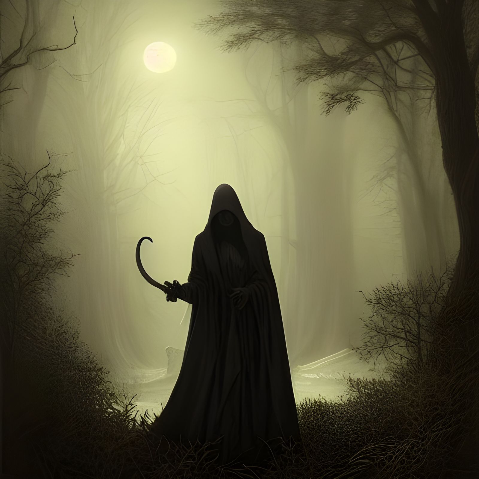 Hyperrealistic Grim Reaper in Ominous Moonlight