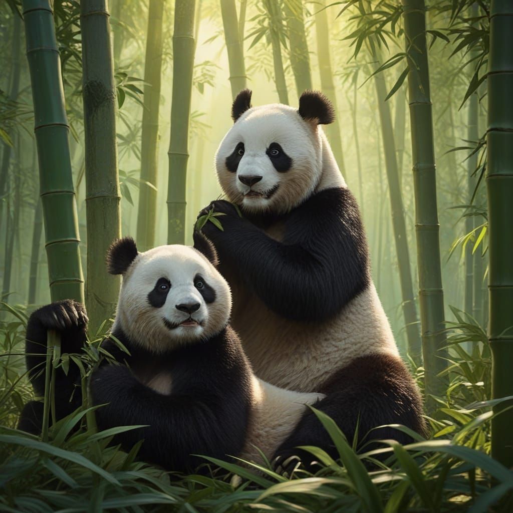 Pandas Eating Bamboo in Sunlit Forest Concept Art