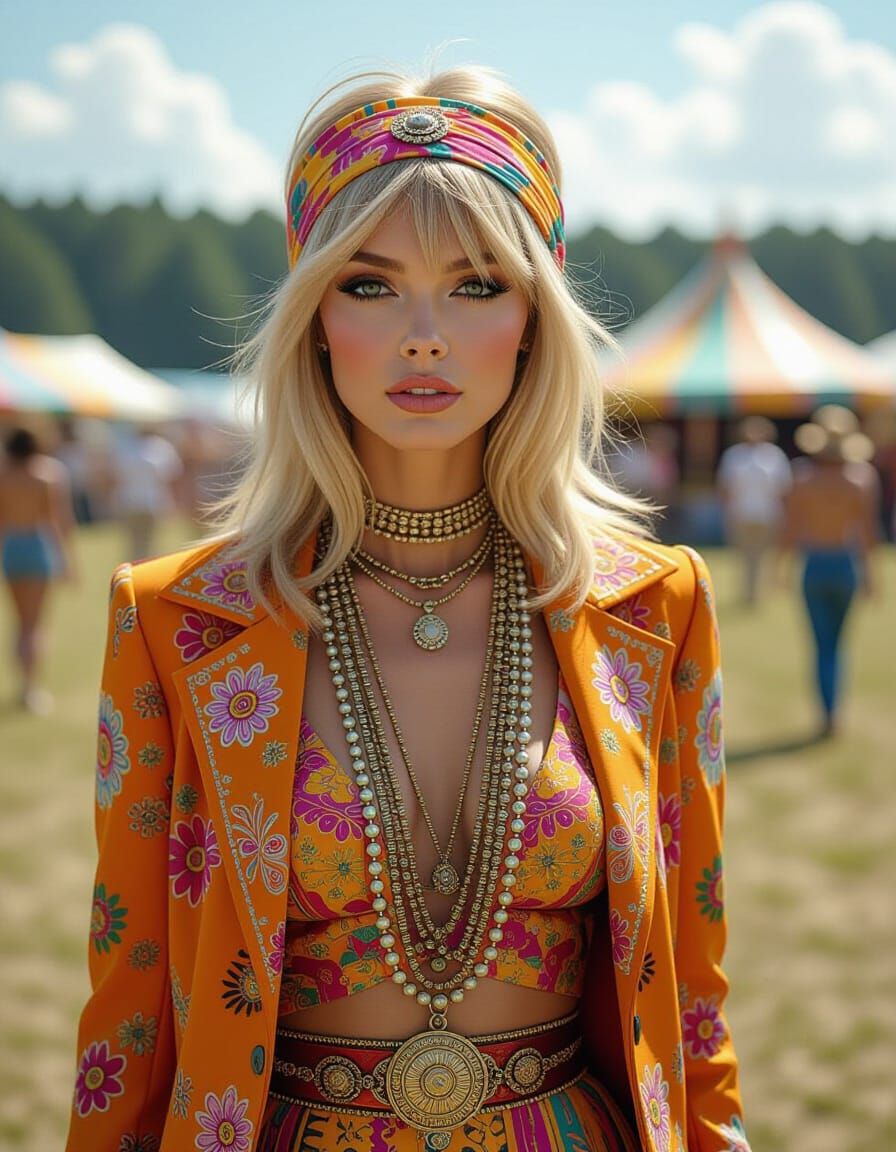 Twiggy in Hippie Chic Attire: 1960s Pop Festival