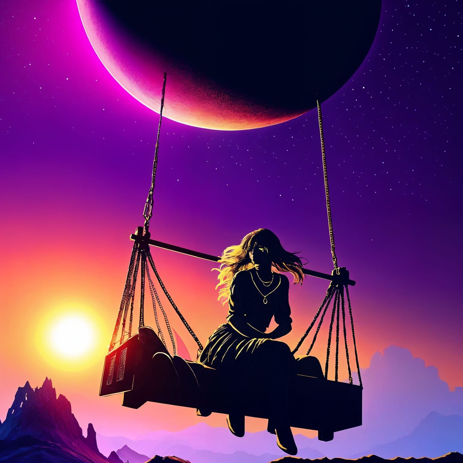 Girl on a Swing Under Crescent Moonlit Sunset