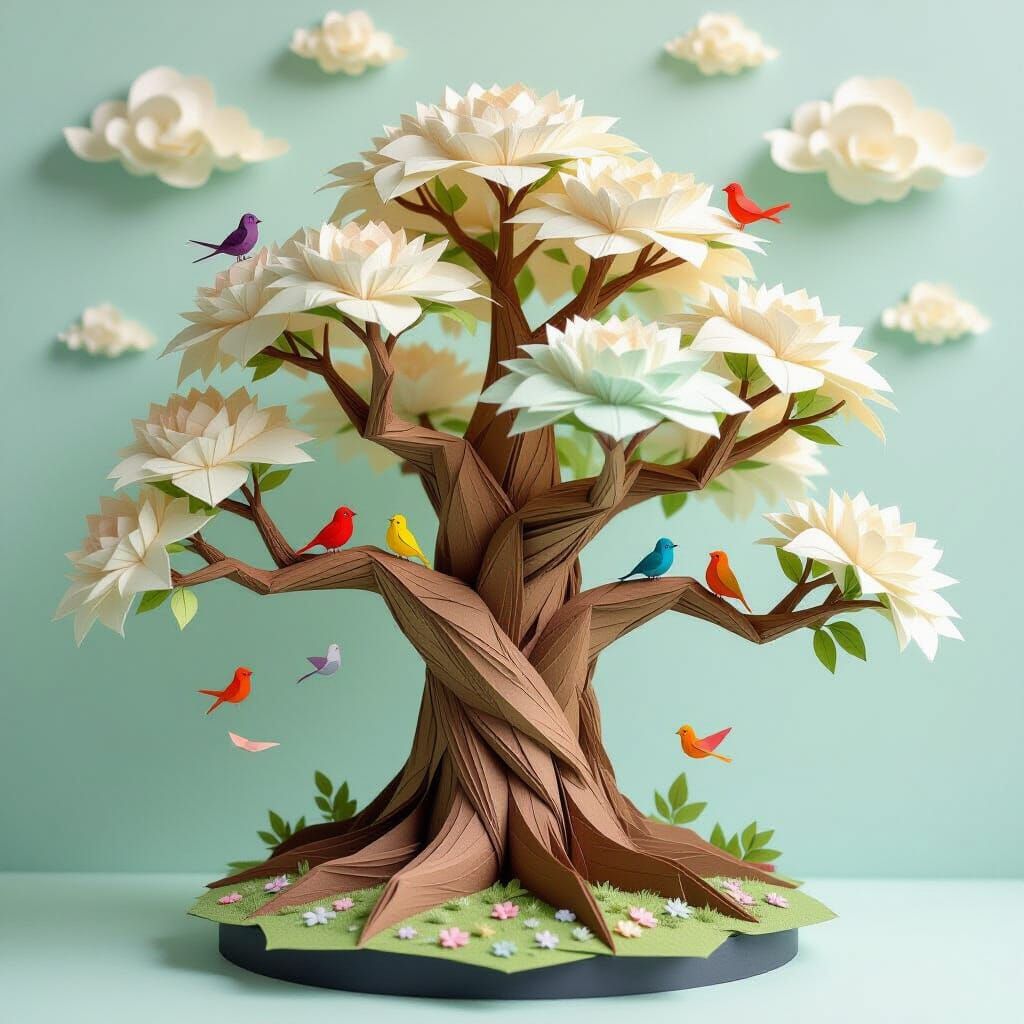 Ancient Paper Tree Diorama With Origami Birds