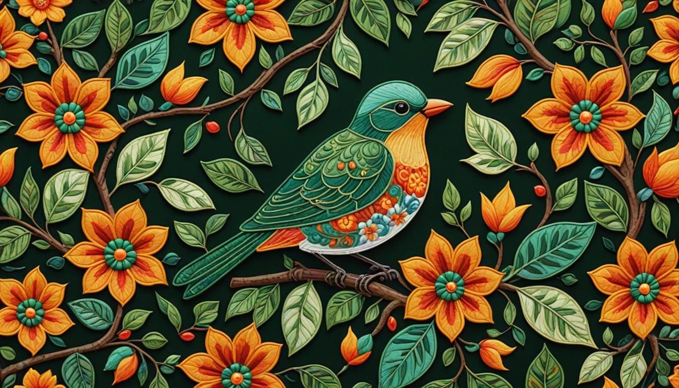 Charming Bird and Flower on Branch in Folk Art