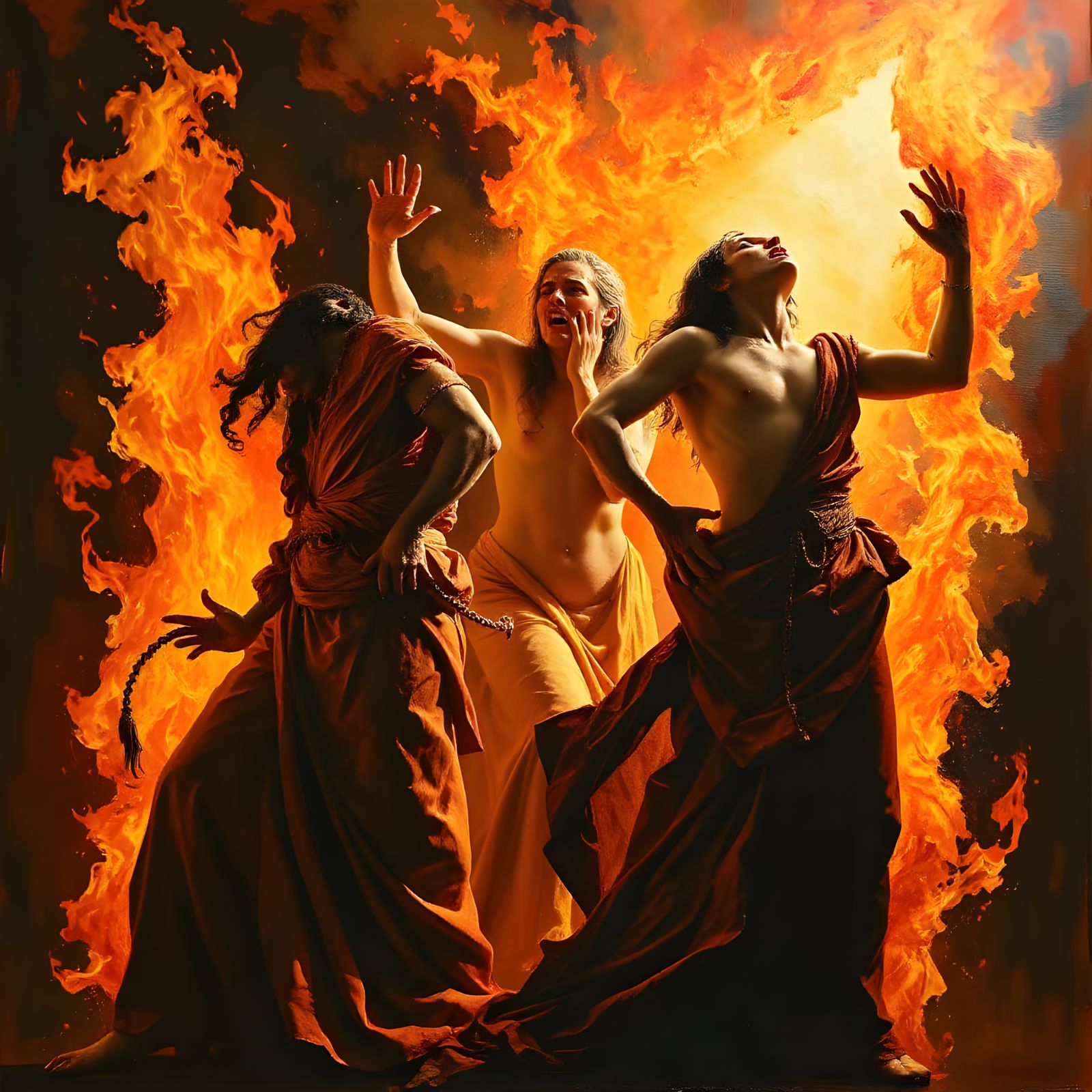 Surrealist Oil Painting of Poets in Ethereal Flames