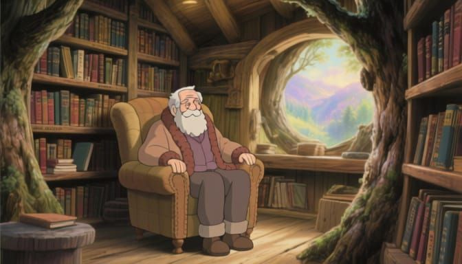 Cozy Treehouse Library, Miyazaki-esque Illustration