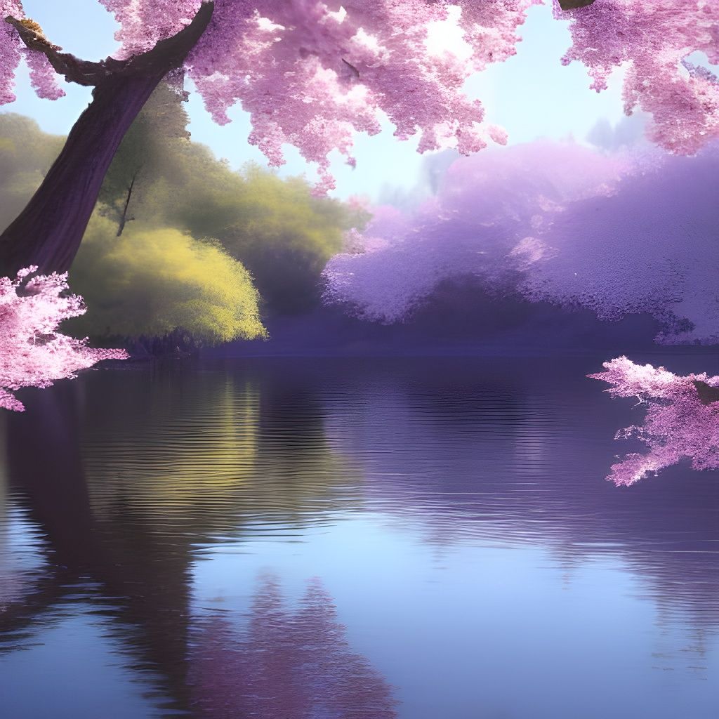 Sakura Trees Reflect on Lake: Hyperdetailed Concept Art