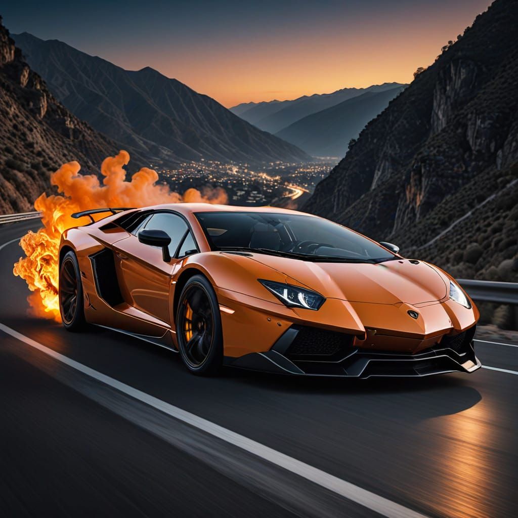 Orange Lamborghini Aventador Ignites Flames on Mountain Road