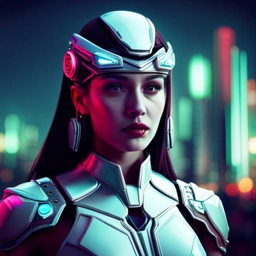 Cyborg Girl in Neon City, Detailed Digital Painting