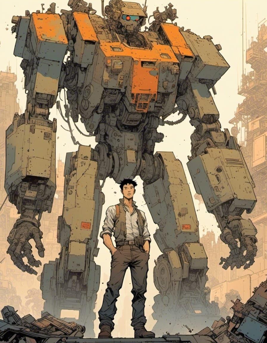 Korean-American Mech Engineer in Comic Art Style