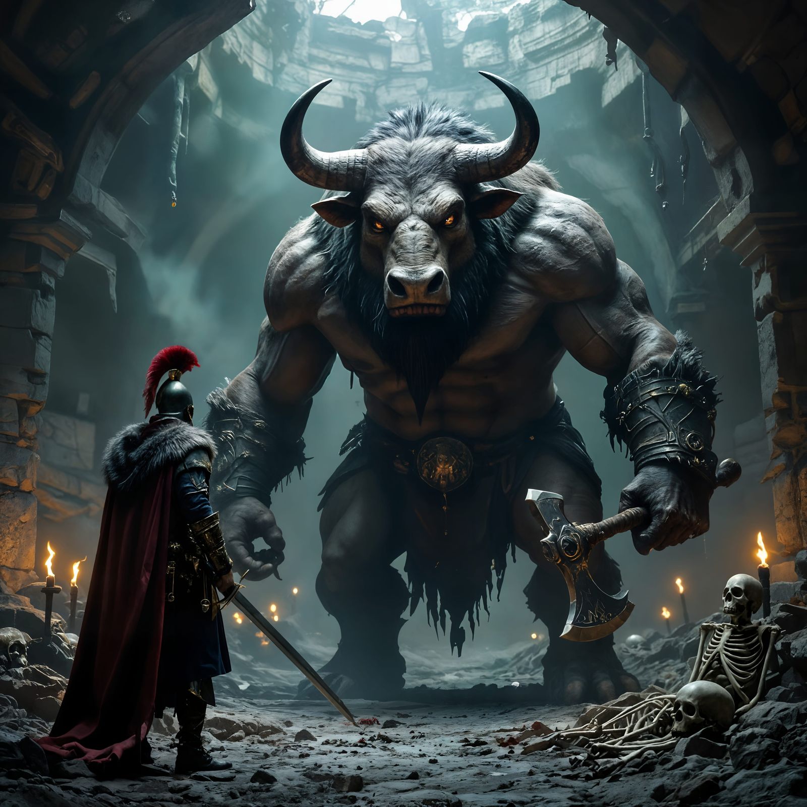 Minotaur Confronts Soldier in Ancient Greek Labyrinth