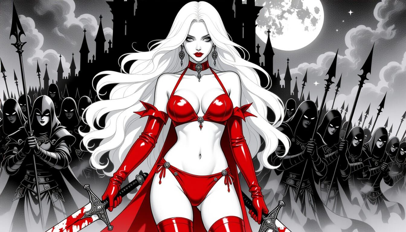 Demon Queen Leading Army in Black and White Pencil Art