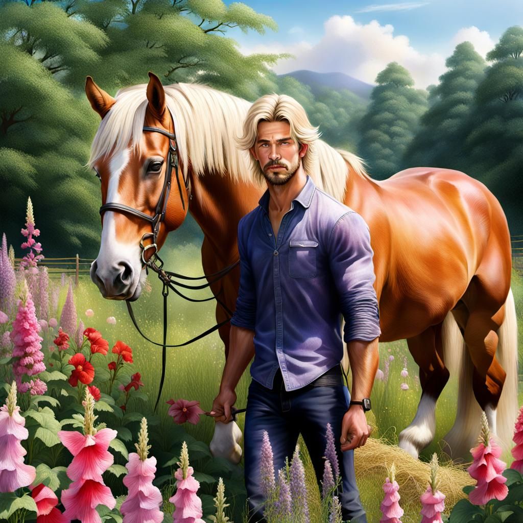 Handsome Man with Haflinger Horse in Hyperrealistic Style