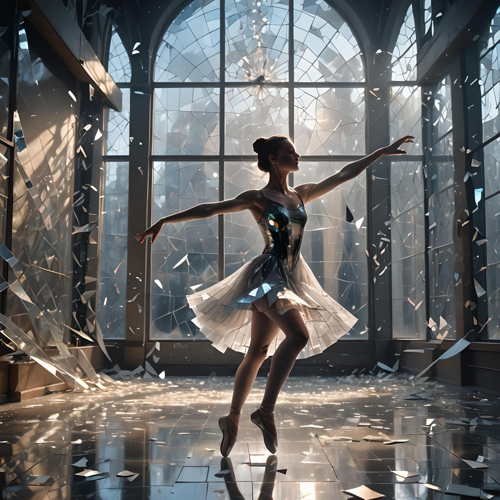 Ballerina dancing in a shattered glass hall, shards glistening under soft, ethereal light, reflections casting intricate...