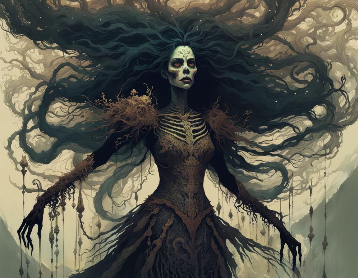 Surreal Horror Witch Commands Skeletons