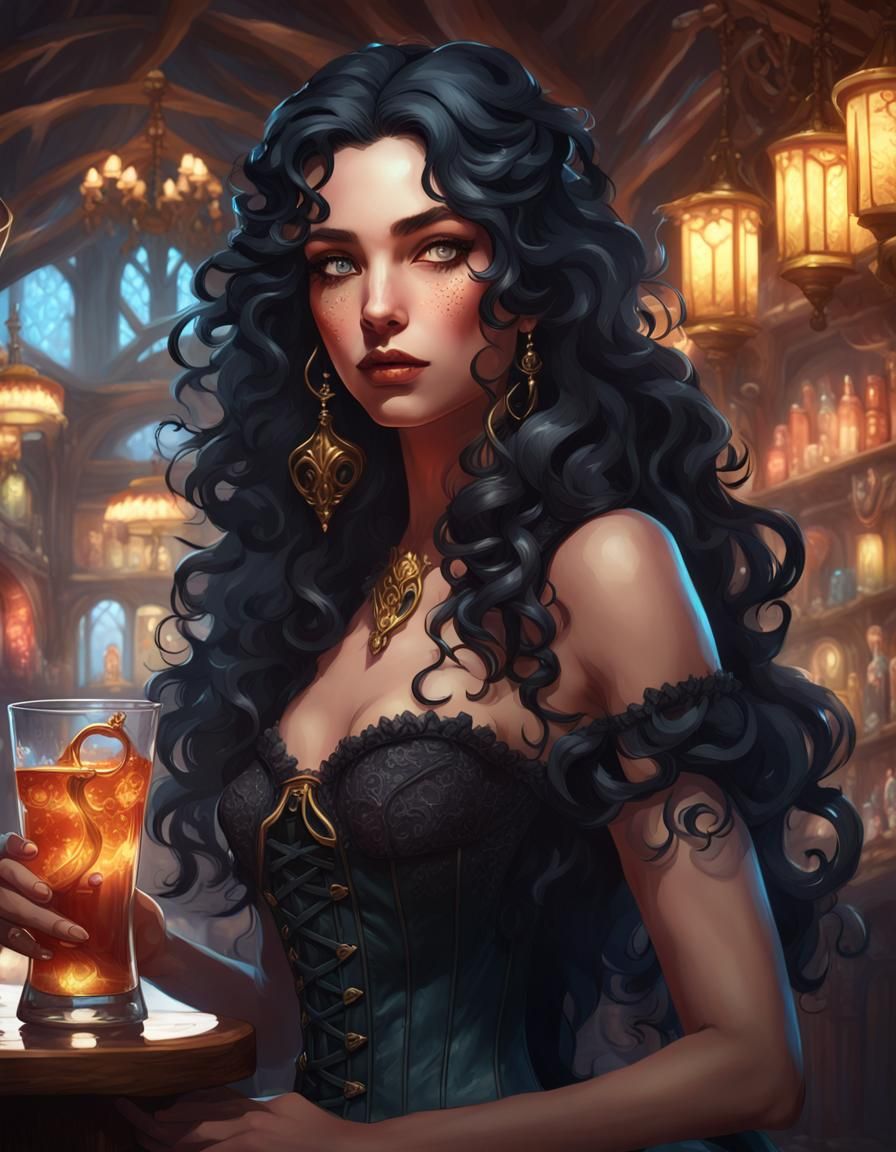 Fantasy Elf Seductress in Opulent Bar, Hyperdetailed Art