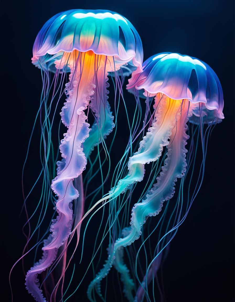 Bioluminescent Jellyfish in Synthwave Neon Aquarium