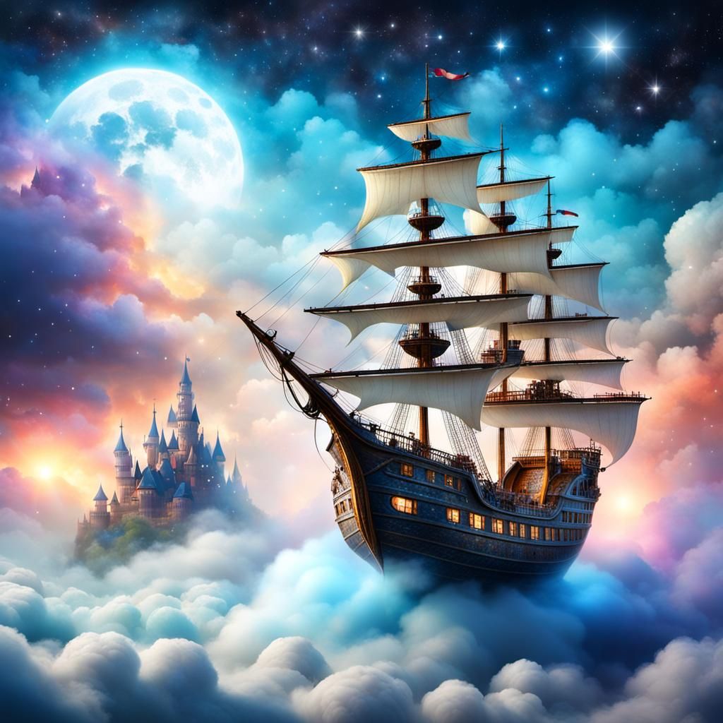 Whimsical Ship Sailing Through Clouds in Mist