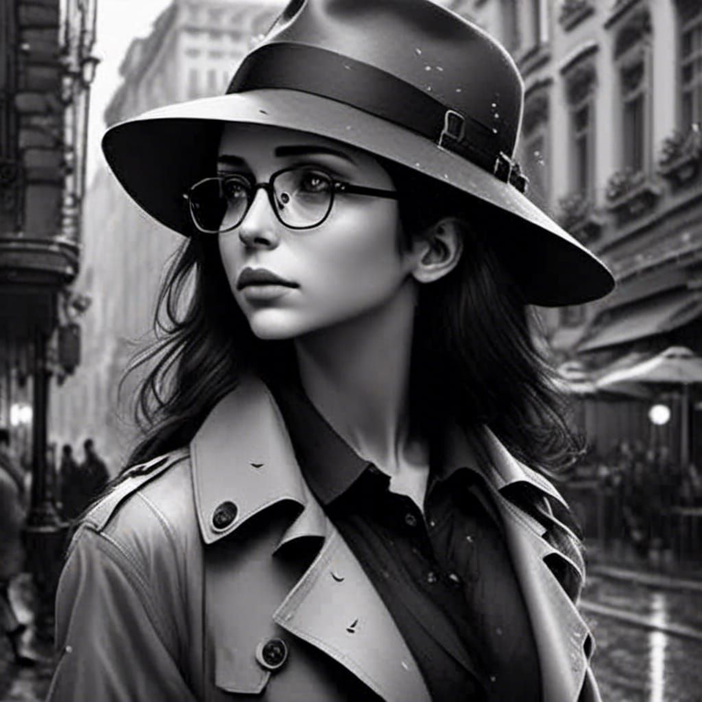 Woman in Fedora and Trenchcoat in Rainy City