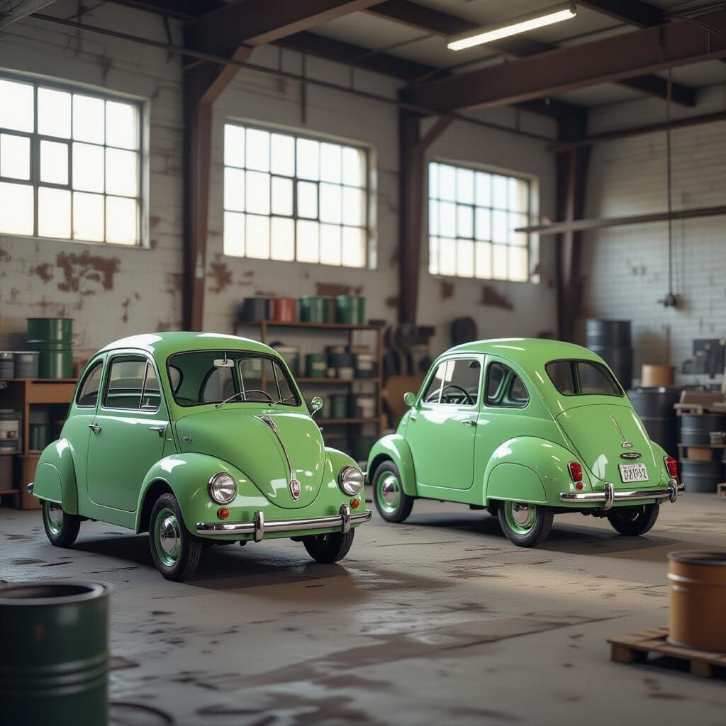 Elegant Microcars in Grimy Workshop Concept Art