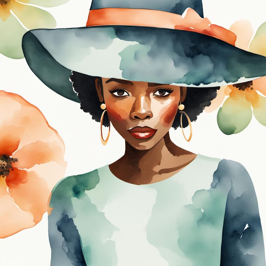 Watercolor Portrait of Woman with Hat at Tea