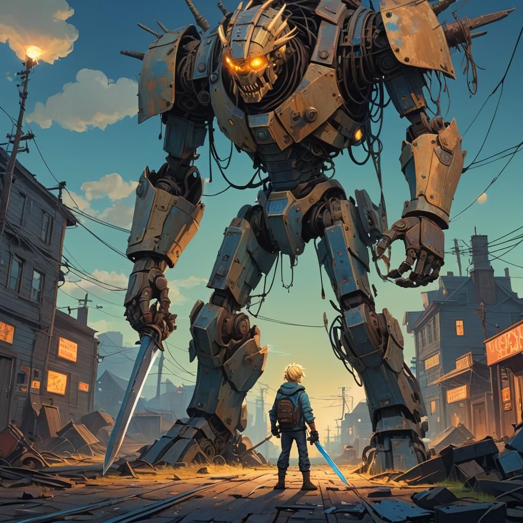 Boy Conquers Gear Monster in Low-Poly Art Style