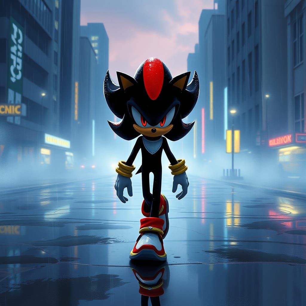 Shadow the Hedgehog Strolls Through Rainy City Streets