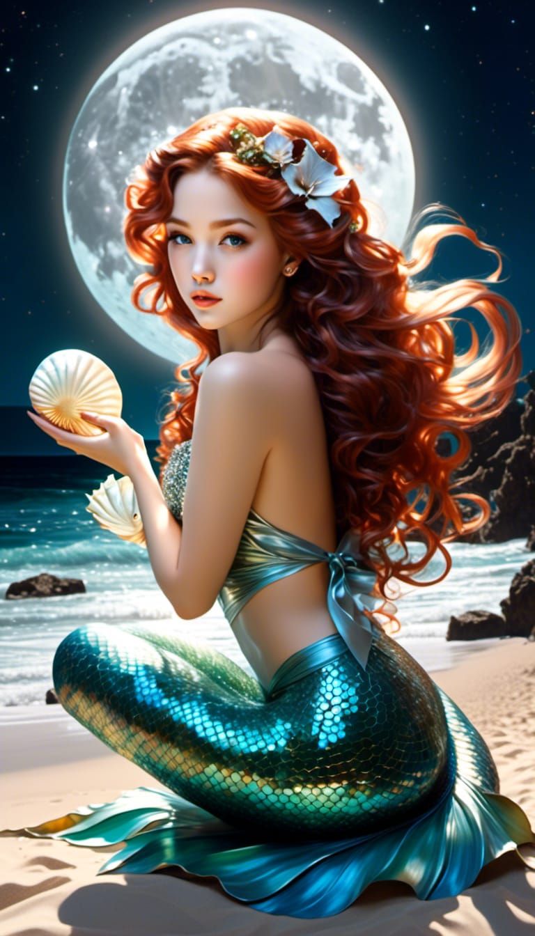 Mystical Mermaid with Conch Shell in Rococo Style