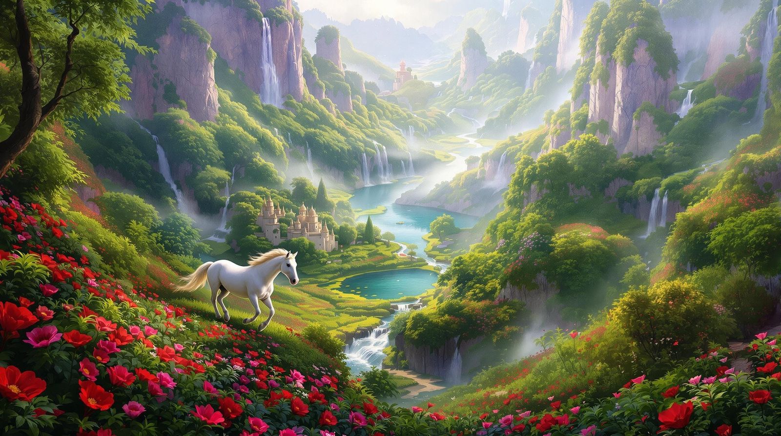 White Horses in a Jungle Paradise Fantasy Illustration