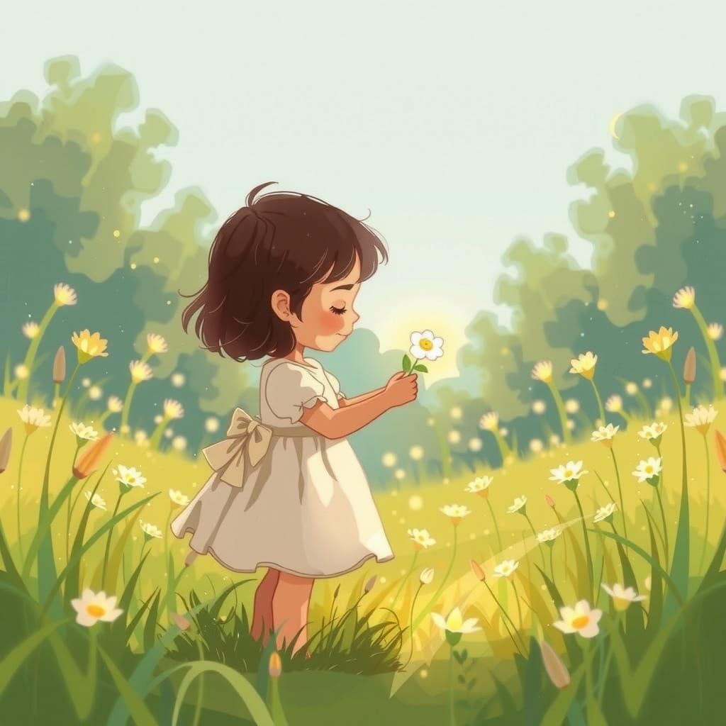 Child Offers Glowing Flower in Doodle Style