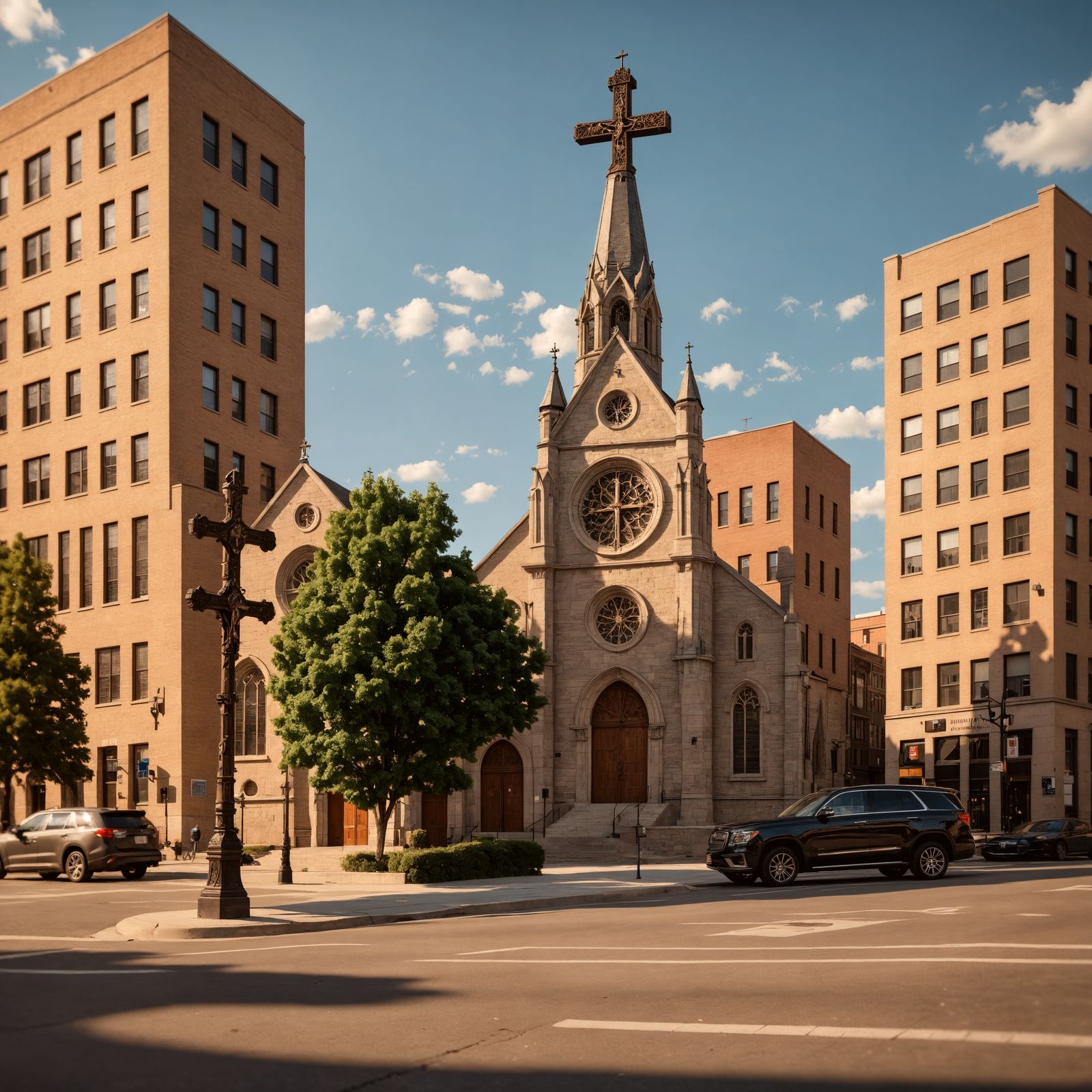 Downtown Church with Cross in Hyperrealistic Detail