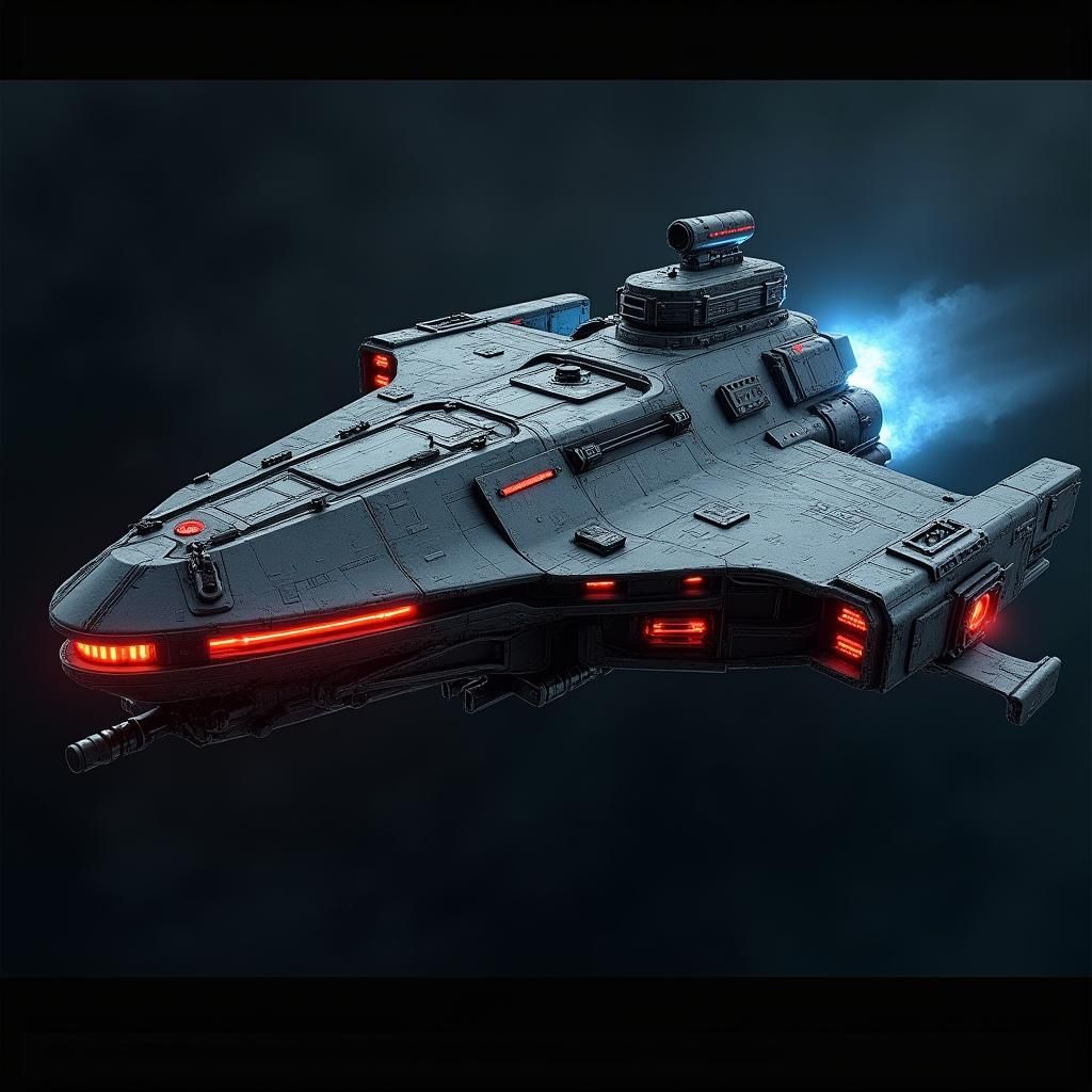 Dark Metallic Warship in Dystopian Futurism Style
