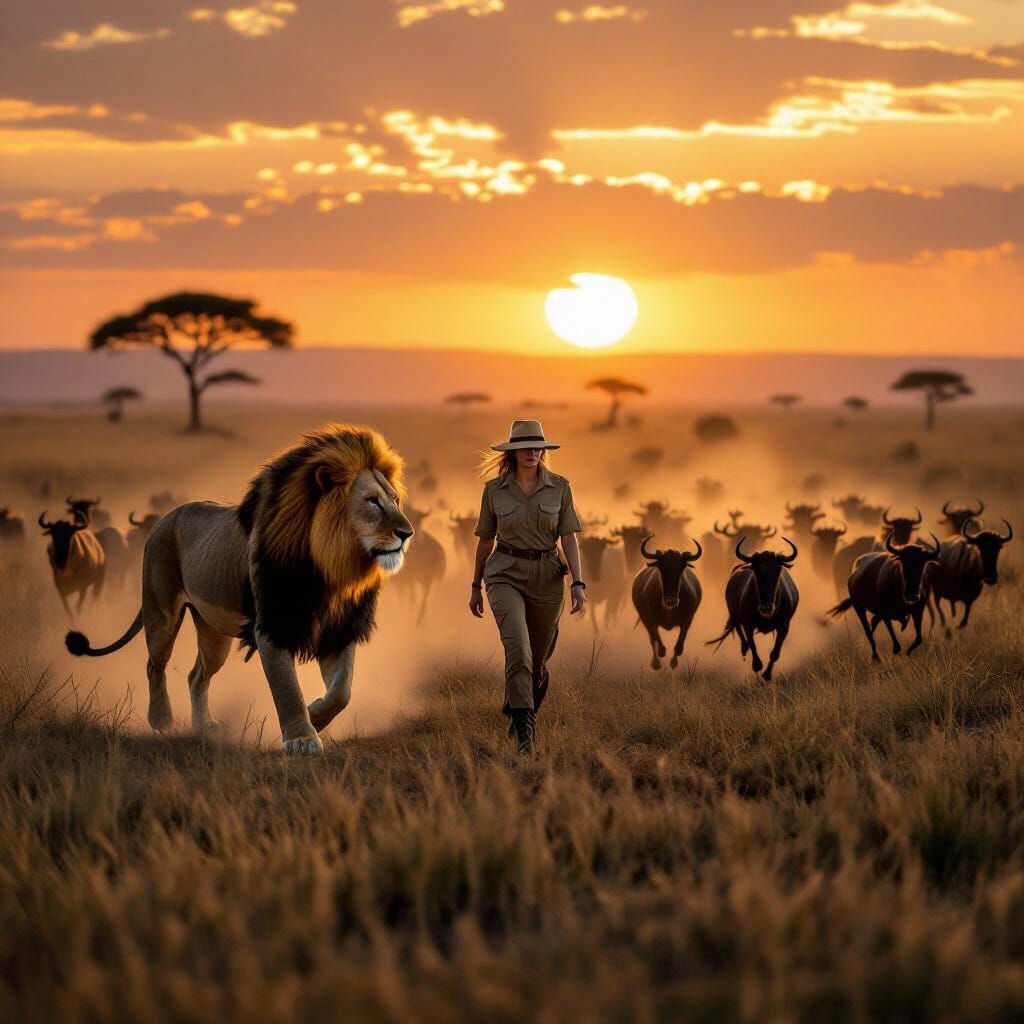 Woman and Lion on Savanna at Dusk with Stampeding Wildebeest