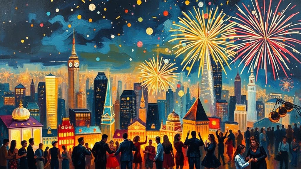 Nighttime Celebration with Fireworks and Dancing in Neo-Impr...