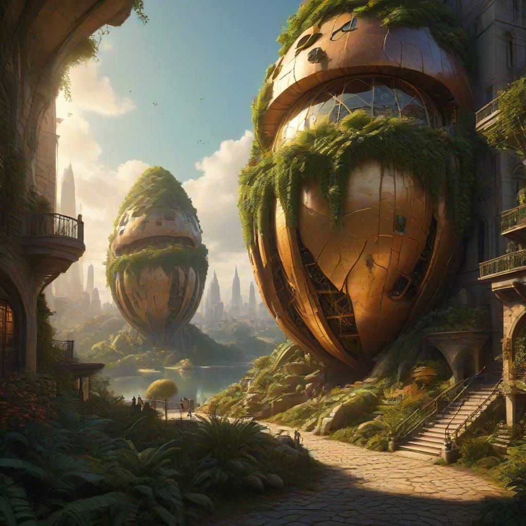 Modern City Inside Giant Acorn Shell, Digital Painting