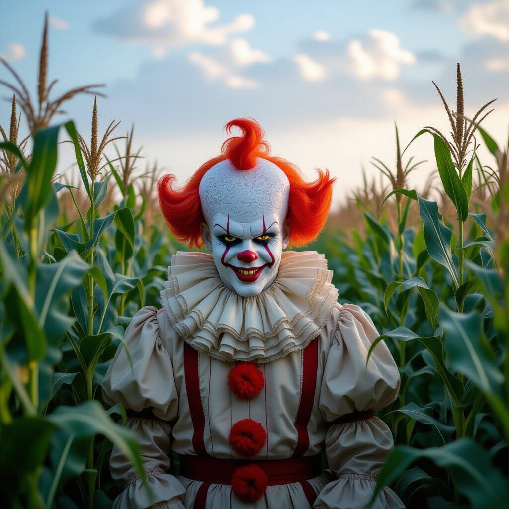 Creepy Clown Hidden in a Cornfield