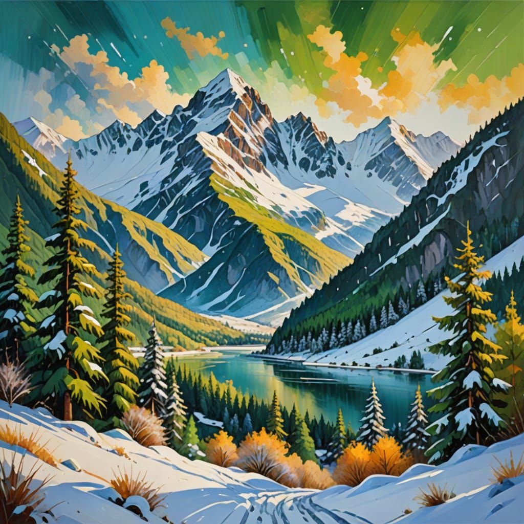 Expressionist Snow Mountains and Forest Oil Painting
