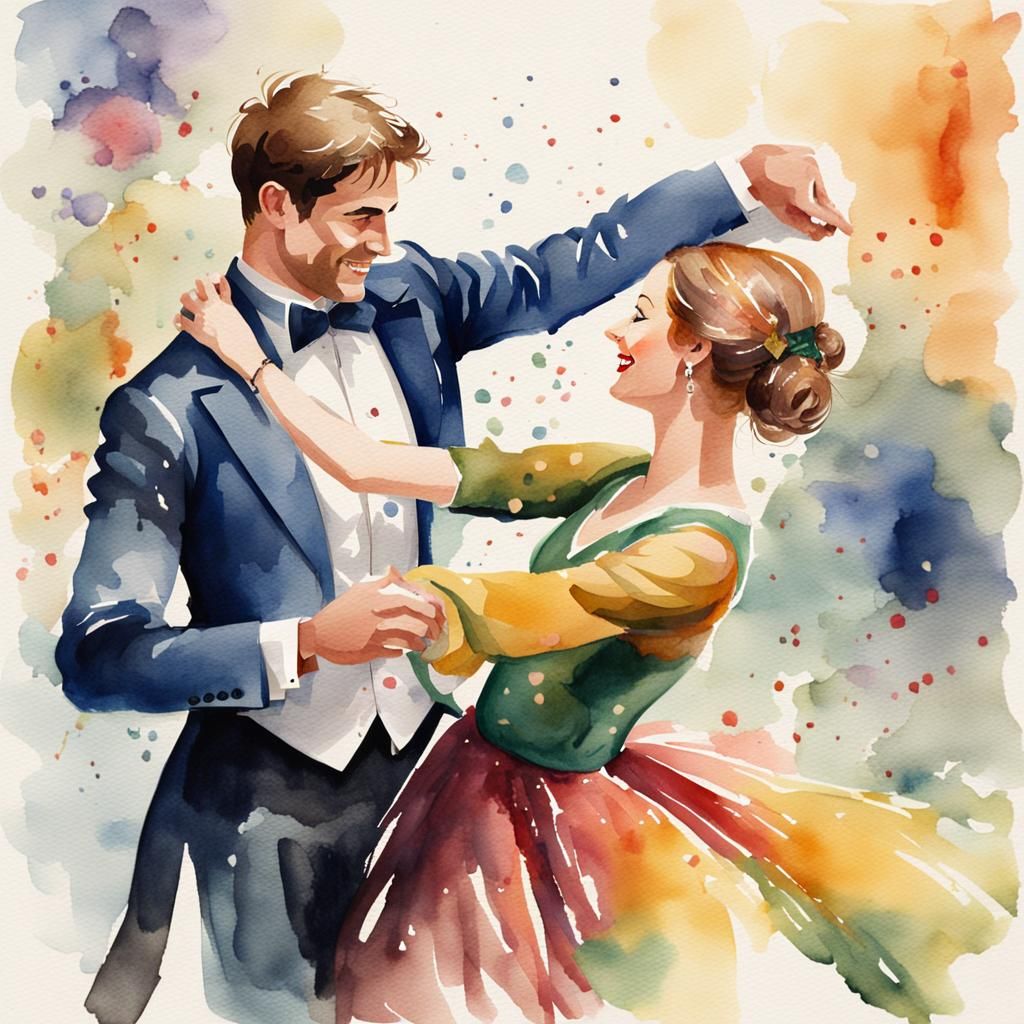 Happy Couple Dancing in Watercolor Style
