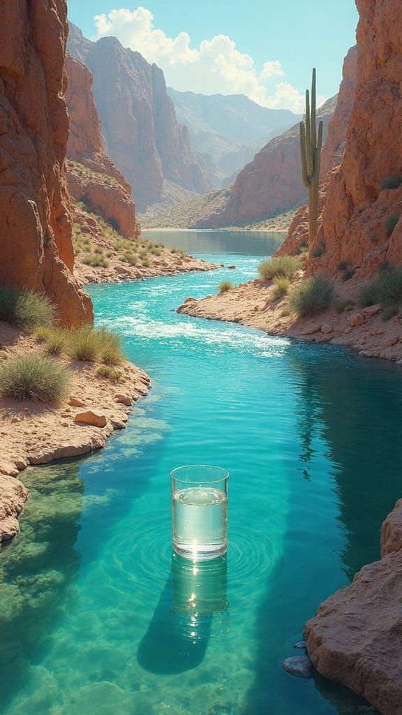 Desert Rivers Converge into Turquoise Pool, Hyperrealistic
