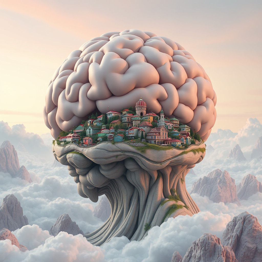 Surreal Metropolis: Dreamlike Head Landscape in Pastel Hues