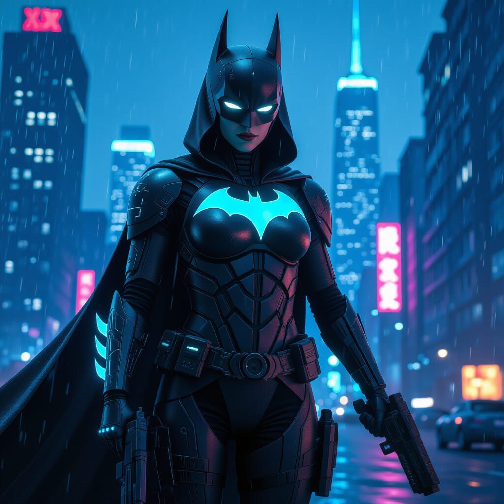 Futuristic Female Batman with Hi-Tech Gear in Neon Gotham