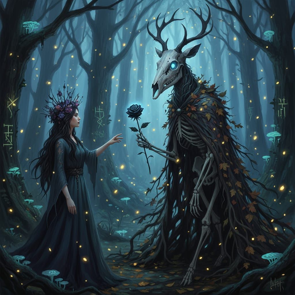 Woman and Skeletal Deer in Dark Forest