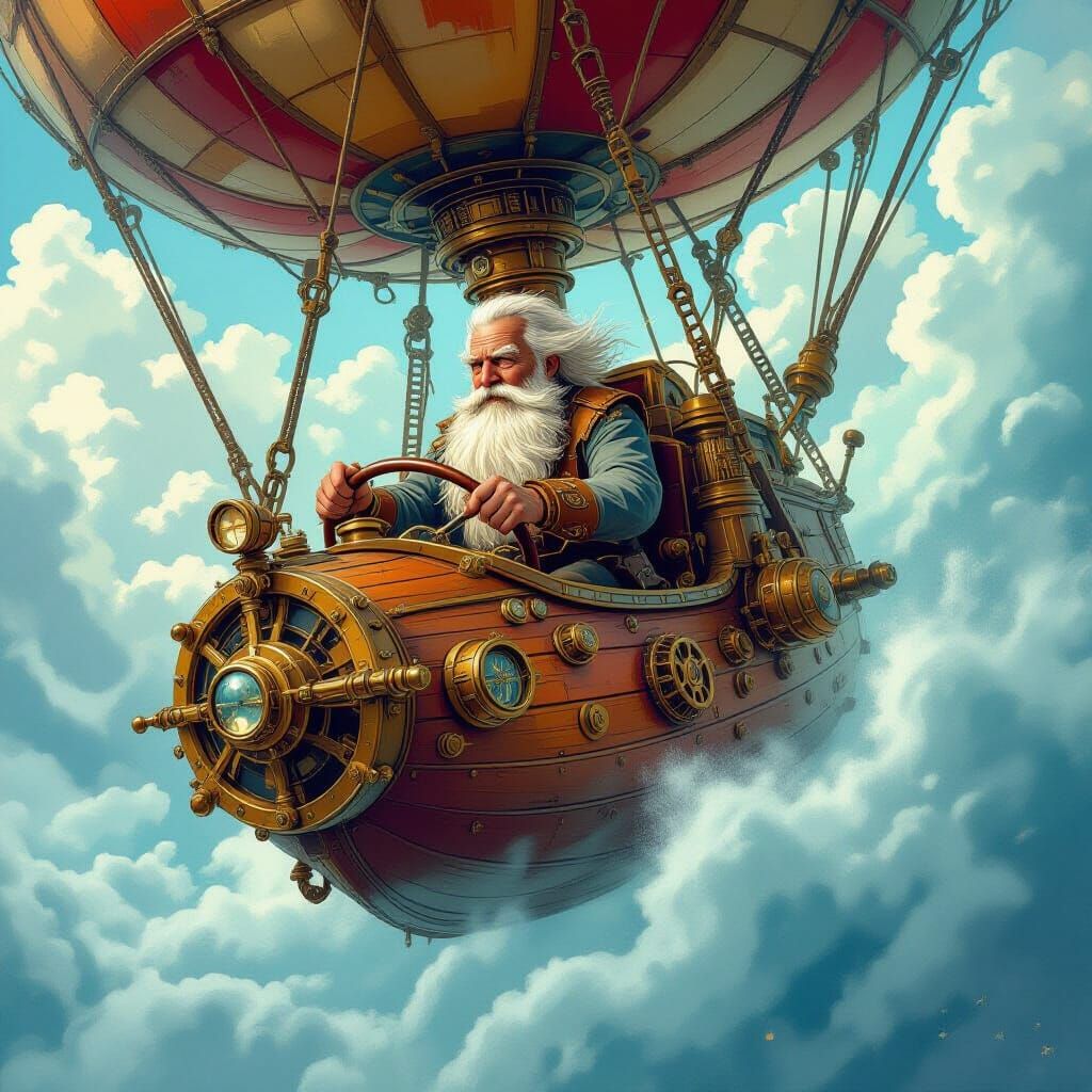 Steampunk Pilot Navigates Storm in Gouache Style