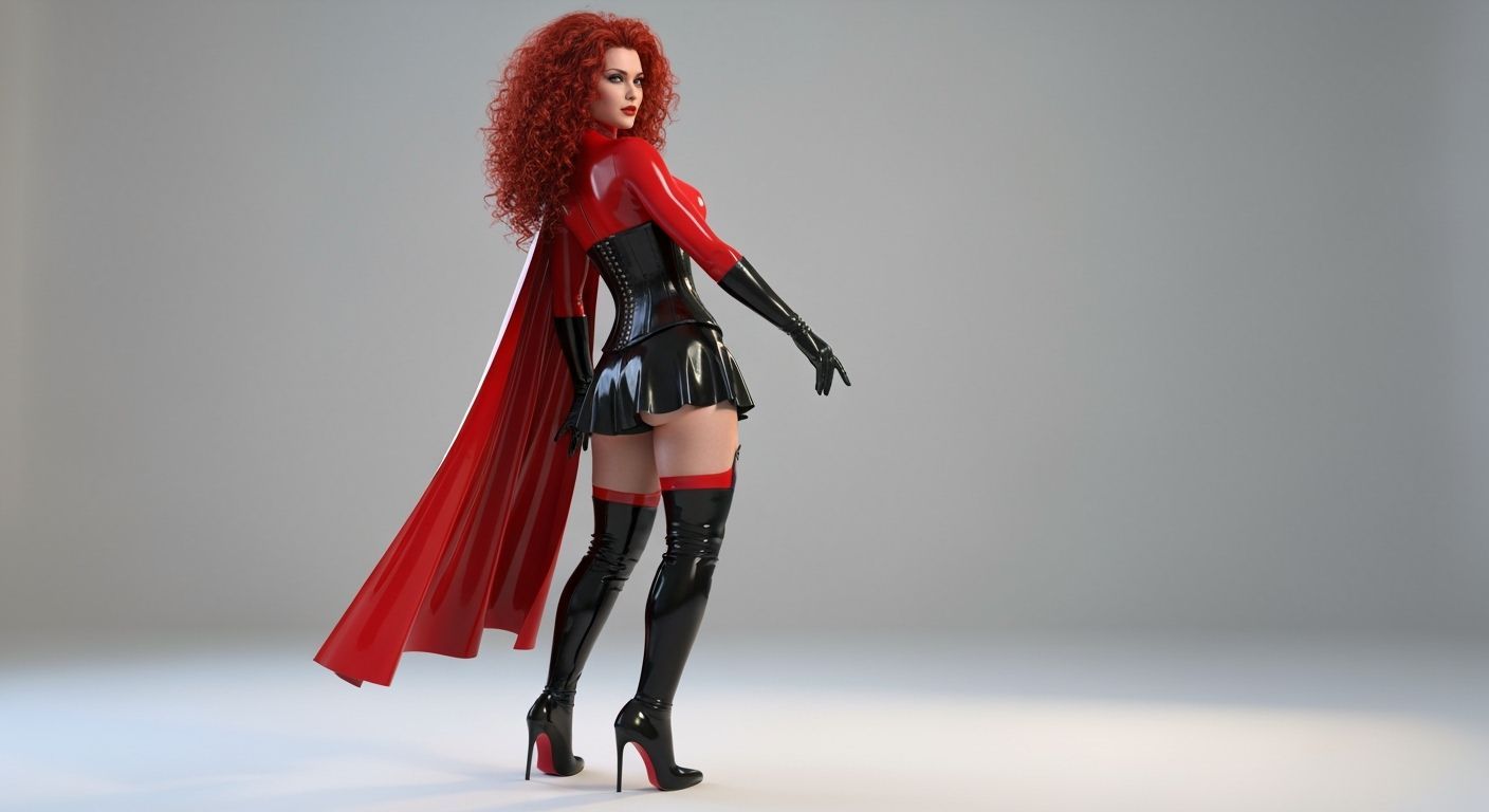 Confident Woman in Red Latex Catsuit and Corset