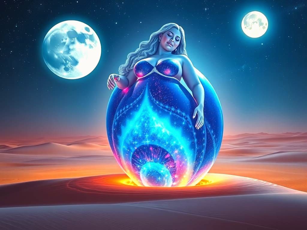 Crystal Woman Awakens in Desert Under Double Moon