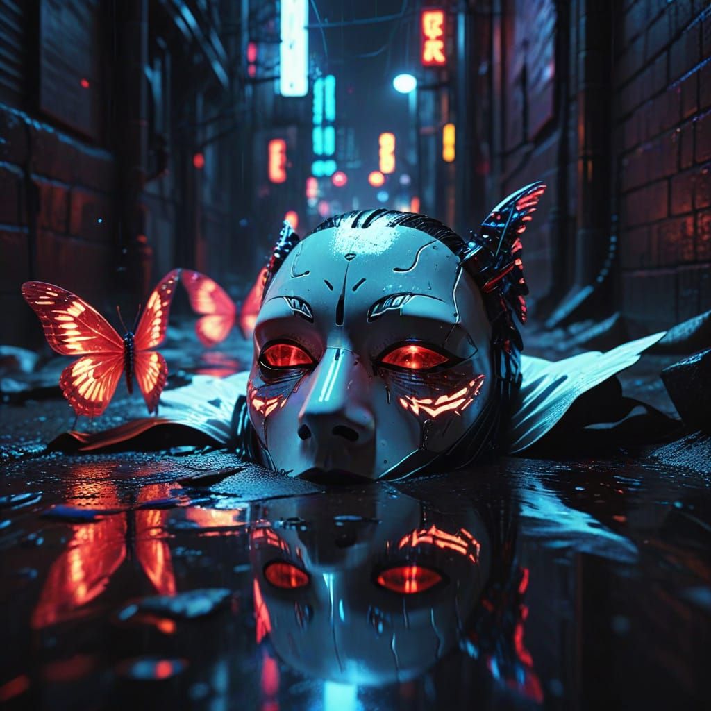 Cyberpunk Mask in Neon Alley with Holographic Butterflies