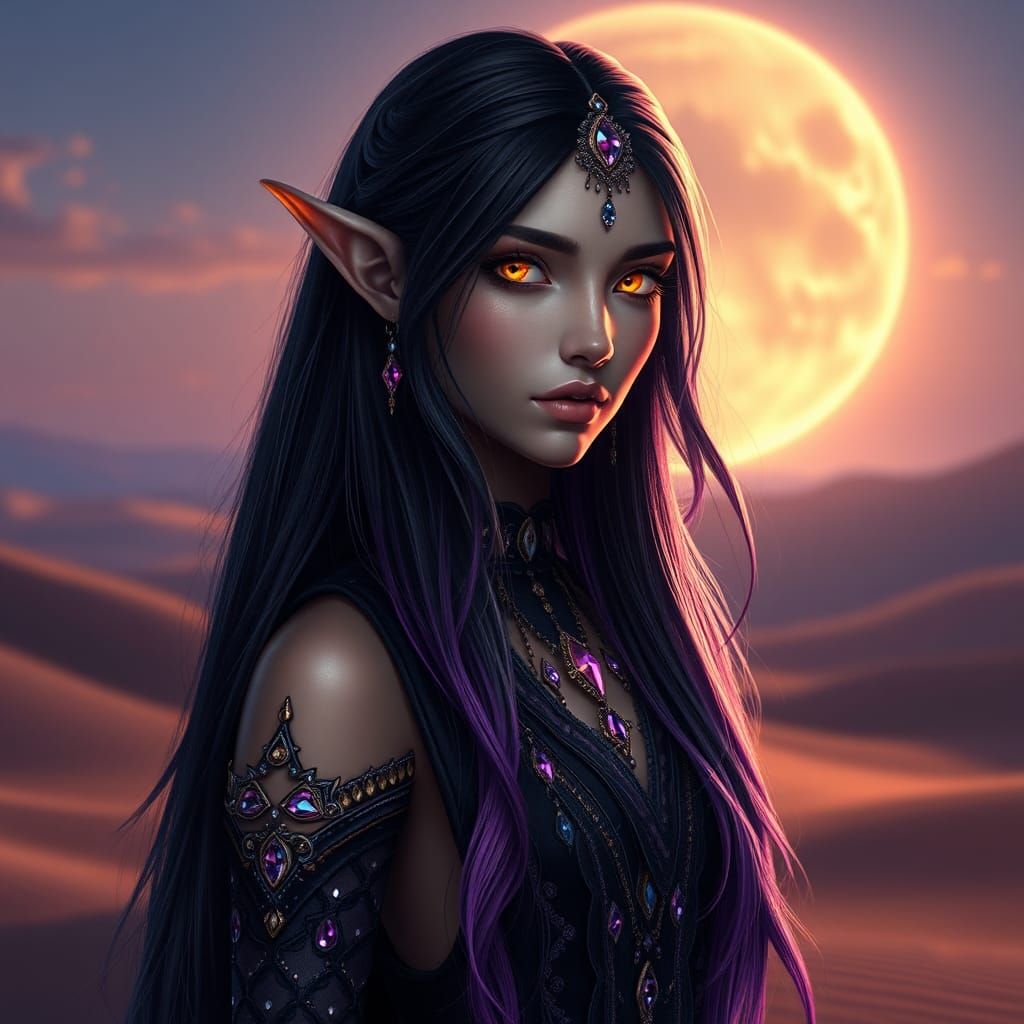 Elegant Elf in Mystical Desert, as Digital Matte Painting