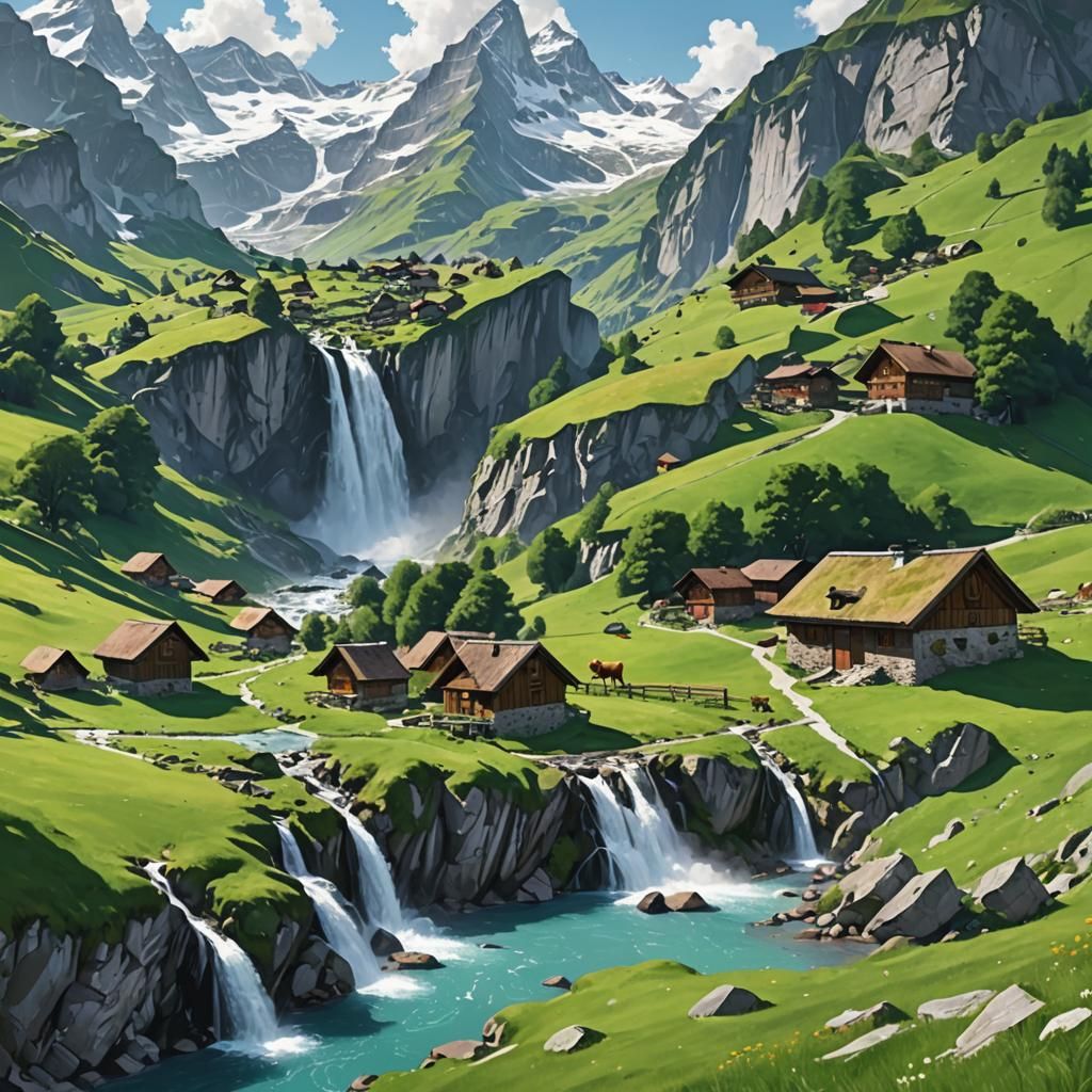 Swiss Alps Waterfall in 3D Anime Style