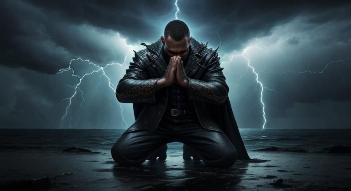 Dramatic Surrealism: Praying Man in Stormy Chaos