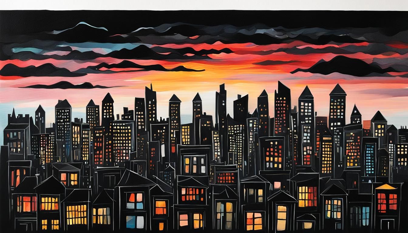 Black Oil Painting Cityscape at Daybreak