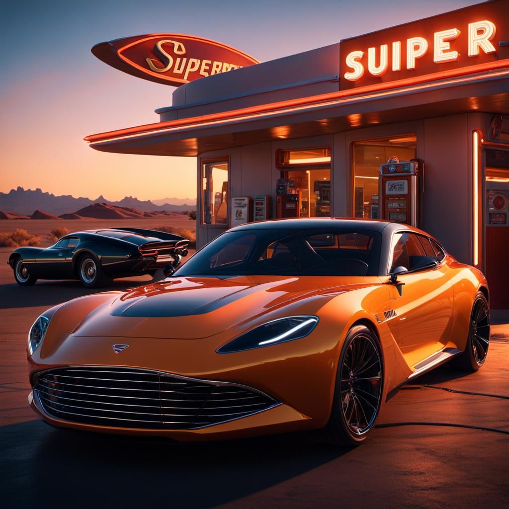 Superman in his super car,  which has the Superman S logo on the bonnet of the car, out in the desert at a Art Deco gas ...