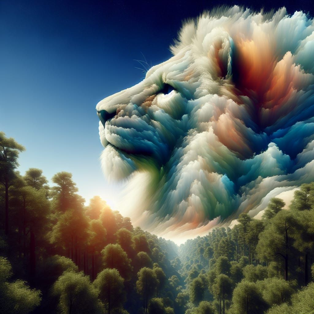 Hyperrealistic Lion Head Clouds Over Enchanted Forest